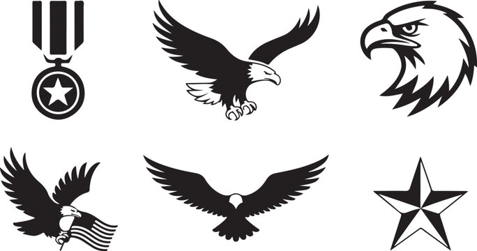 American patriotic icons set with bald eagle head and shield silhouette vector illustration. Eagle Silhouette Set
