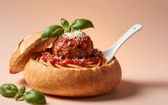 Bread bowl with spaghetti meatball tomato sauce basil leaves and