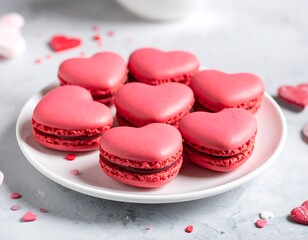 Fototapeta premium A plate of pink heart-shaped macarons on a white plate
