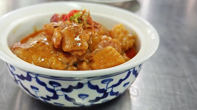 World-famous Massaman Gai (Chicken Curry) with potatoes and peanuts, beautifully presented.