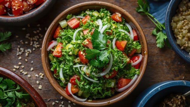 Middle Eastern salad with tomatoes, onions, and oil.