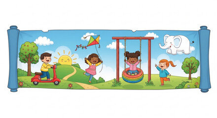 Obraz premium Children playing on a playground with a scooter kite and swing sunny day illustration for kids vibrant outdoor scene