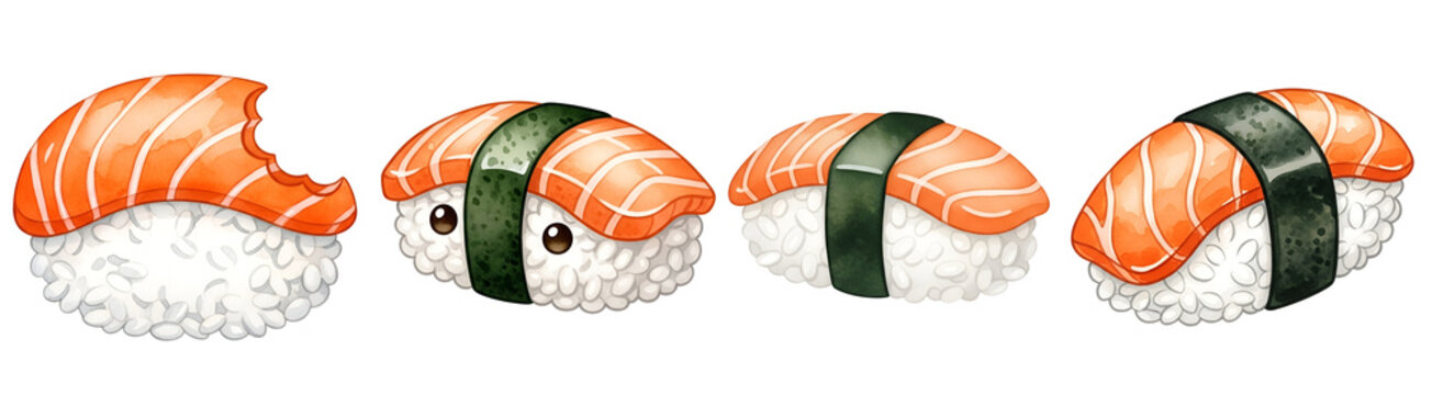 A set of cartoon sushi rolls on transparent background