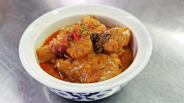 Authentic Thai Chicken Massaman Curry served in a traditional Thai pattern ceramic bowl.&nbsp;
