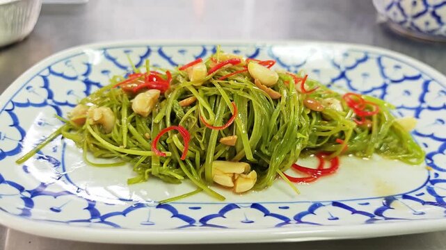 Stir-fried shredded morning glory (water spinach) with garlic and chili on a traditional Thai pattern plate.&nbsp;