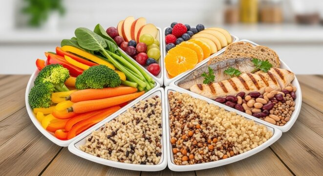 Circular platter with balanced diet components including vegetables, fruits, protein, and grains on wood table