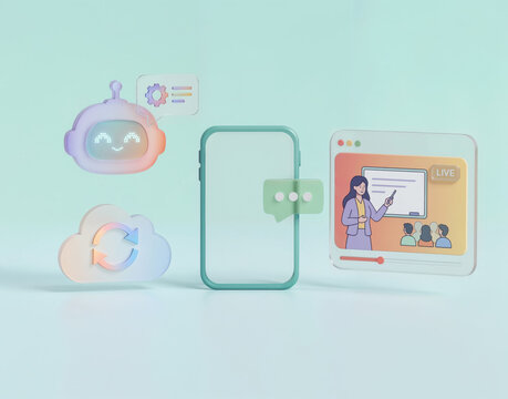 3D Illustration with AI Assistant, Cloud Sync, and Online Class Icons in Glassmorphism Style