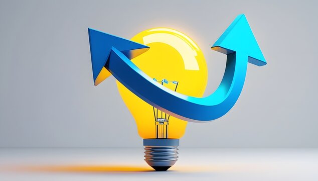 Stylized 3D illustration of a vibrant glowing yellow light bulb with a smooth blue upward trending arrow