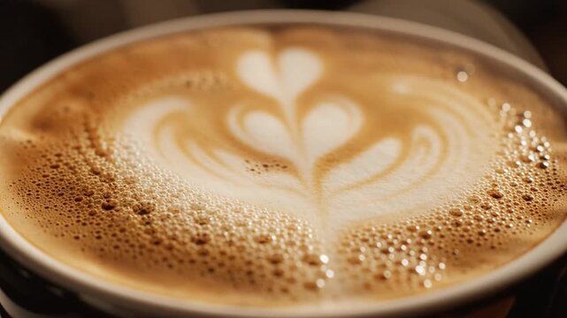 Close up of latte art in a ceramic cup with a heart design