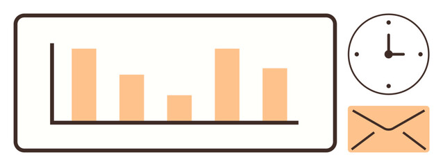 Data analysis, business planning, communication logistics, time management, information sharing, productivity tools. Bar chart with a clock and email symbol. Data analysis and business planning © robu_s