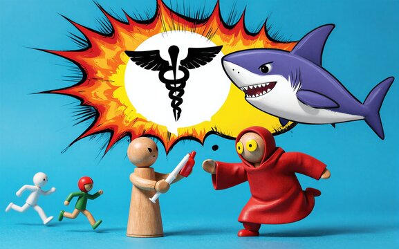 Medical symbol explodes as shark attacks tiny figures flee in panic.