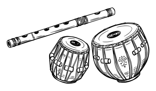 Hand drawn flute and tabla vector illustration in black and white traditional Indian musical instruments isolated on white
