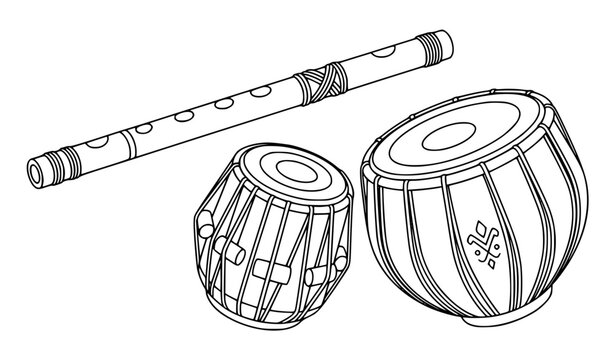 Minimal line art flute and tabla vector set with traditional Indian musical instruments in clean layout isolated on white
