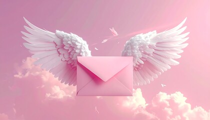 Obraz premium A pink envelope with white wings against a pink sky (1)