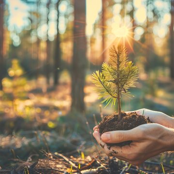 A person gently holding a small pine tree in a forest