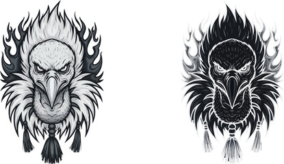 Fototapeta premium Two stylized vulture head illustrations, one light and one dark, featuring fierce expressions, fiery manes, and decorative tassels.
