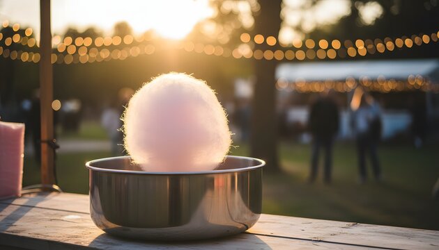 Pink cotton candy spinning sugar in a machine bowl at an outdoor festival stall during golden hour for a nostalgic summer fair concept with bokeh lights