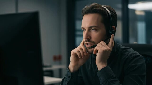 Man in office setting looks focused while wearing a headset and interacting with computer screen closely.
