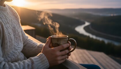 Obraz premium Man holding a warm cup of tea on a balcony overlooking a scenic river valley at sunset for a relaxation and mindfulness concept