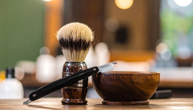 Close-up of grooming tools brush, straight razor, and wooden bowl on table