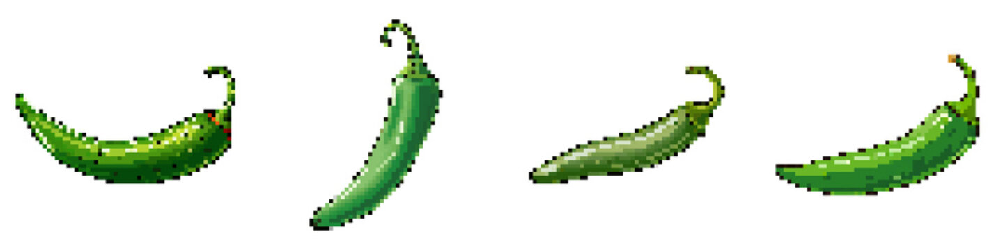 Green chili pepper pixel icon set. retro, pixelated 2d graphics for games and apps