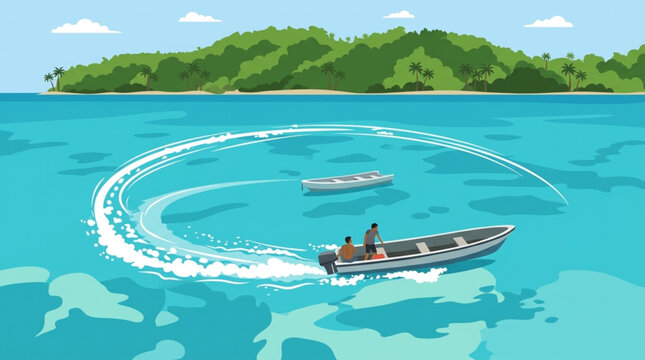 Flat vector illustration of a speed boat moving on a tropical beach in Aceh, Indonesia, creating water trails on turquoise sea with island background. Ideal for travel, tourism, and summer design.