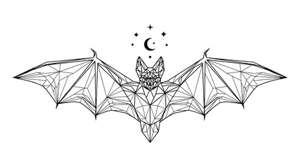 Bat geometric illustration with crescent moon and stars above featuring low-poly, gothic, mystical with black © Torikul