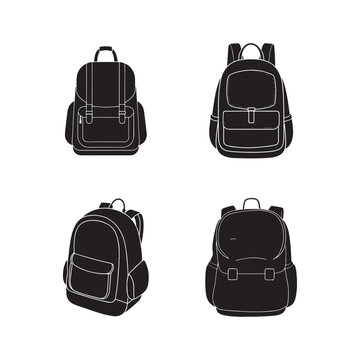 Four different backpacks in black and white outline on white background for school or travel use