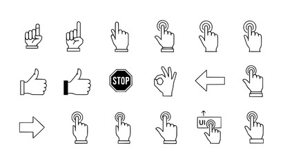 Fototapeta premium Human hand gestures vector icon collection showing pointing fingers, click actions and communication signs in modern flat design isolated on white