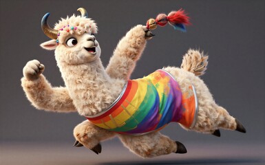 Fototapeta premium A joyful colorful alpaca leaps mid-air with festive beads and rainbow