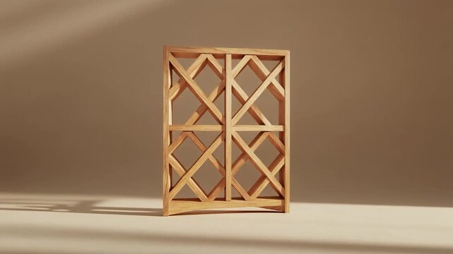 ベージュ背景に立つ組子細工の木製格子パネル