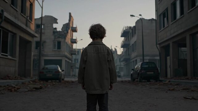 Child standing alone amidst the ruins of a war-torn city at dusk