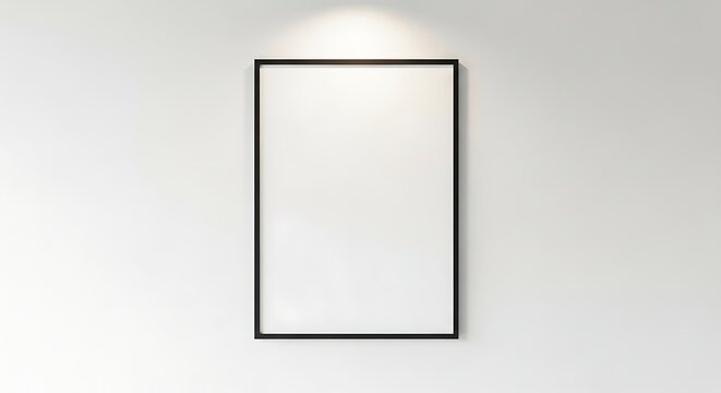 A framed picture hangs on a plain white wall under spotlight
