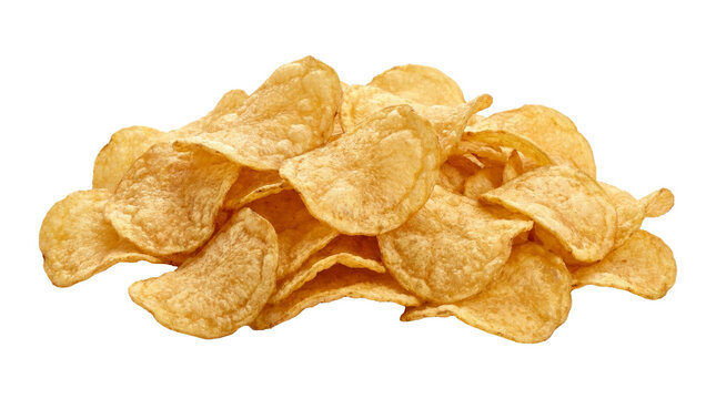 Pile of golden rippled potato chips isolated PNG on transparent background, crispy snack food for party and picnic