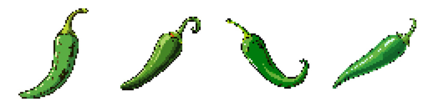 Serrano pepper pixel icon set. retro, pixelated 2d graphics for games and apps