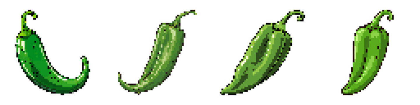 Serrano pepper pixel icon set. retro, pixelated 2d graphics for games and apps