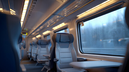 Fototapeta premium Modern High-Speed Train Cabin Interior During Winter with Raindrops on Window