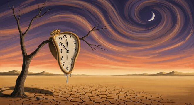 Surreal melting pocket watch on dead tree branch, distorted clock in desert landscape, dreamlike time concept illustration with swirling night sky