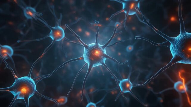 Futuristic medical-style animation of neuron synapses transmitting electric impulses with bright flashes at connection points and flowing light trails.