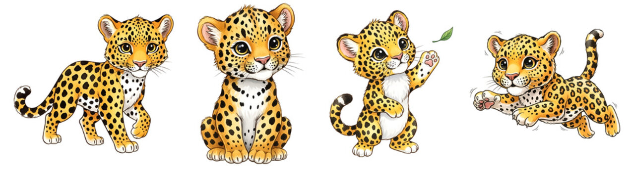 Four cartoon leopards in different poses on transparent background