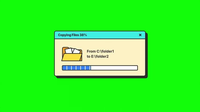 Vintage digital file copying progress bar on an old operating system window, depicting data transfer between virtual folders on a chroma key background