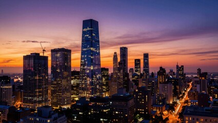 Fototapeta premium City skyline illuminated at sunset with glowing streets