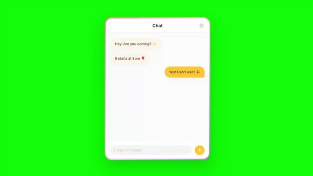 Sleek mobile messaging application user interface with conversation display on vibrant chroma key green screen background for digital projects