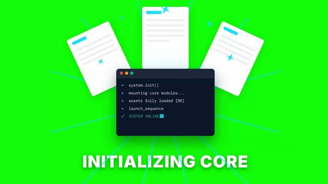 Programmer initializes core modules for software development using a laptop on a bright green background