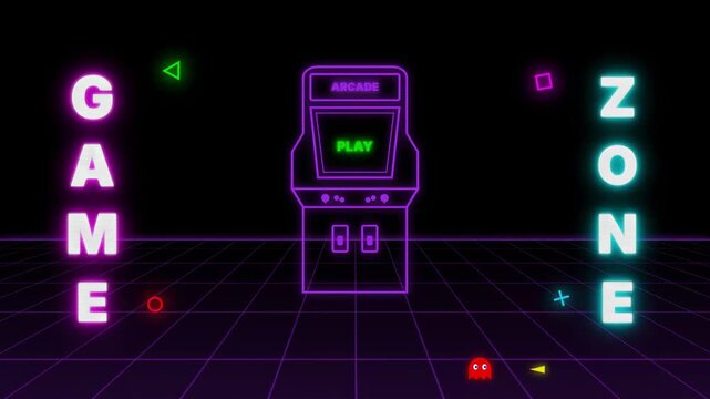 Experience the vibrant neon glow of a classic arcade machine within a futuristic digital game zone, evoking nostalgic retro gaming vibes