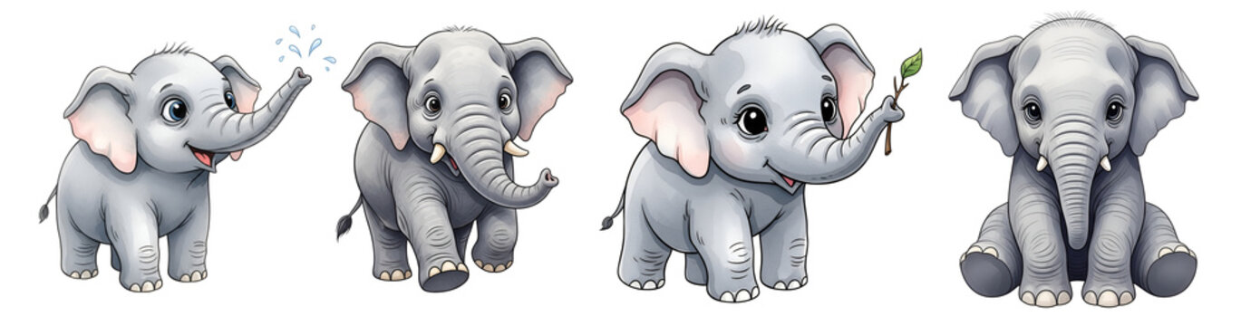 Four cute cartoon elephants standing on transparent background