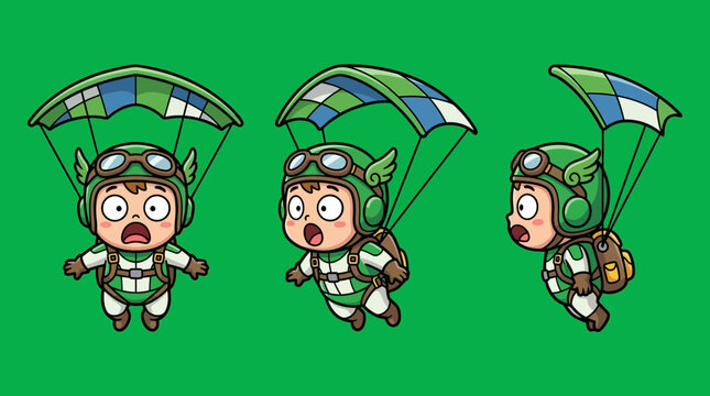 Cartoon Skydivers in Flight with Parachutes and Goggles on Green Background.