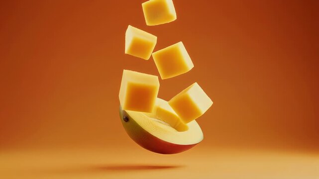 Fresh healthy orange slices and sweet mango cubes served as a raw fruit snack on a white plate isolated for a nutritious diet meal