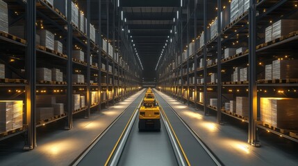 Fototapeta premium Automated Warehouse Interior With Yellow Transport Vehicles