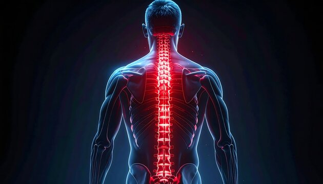 A human figure with spine highlighted in red on a dark background
